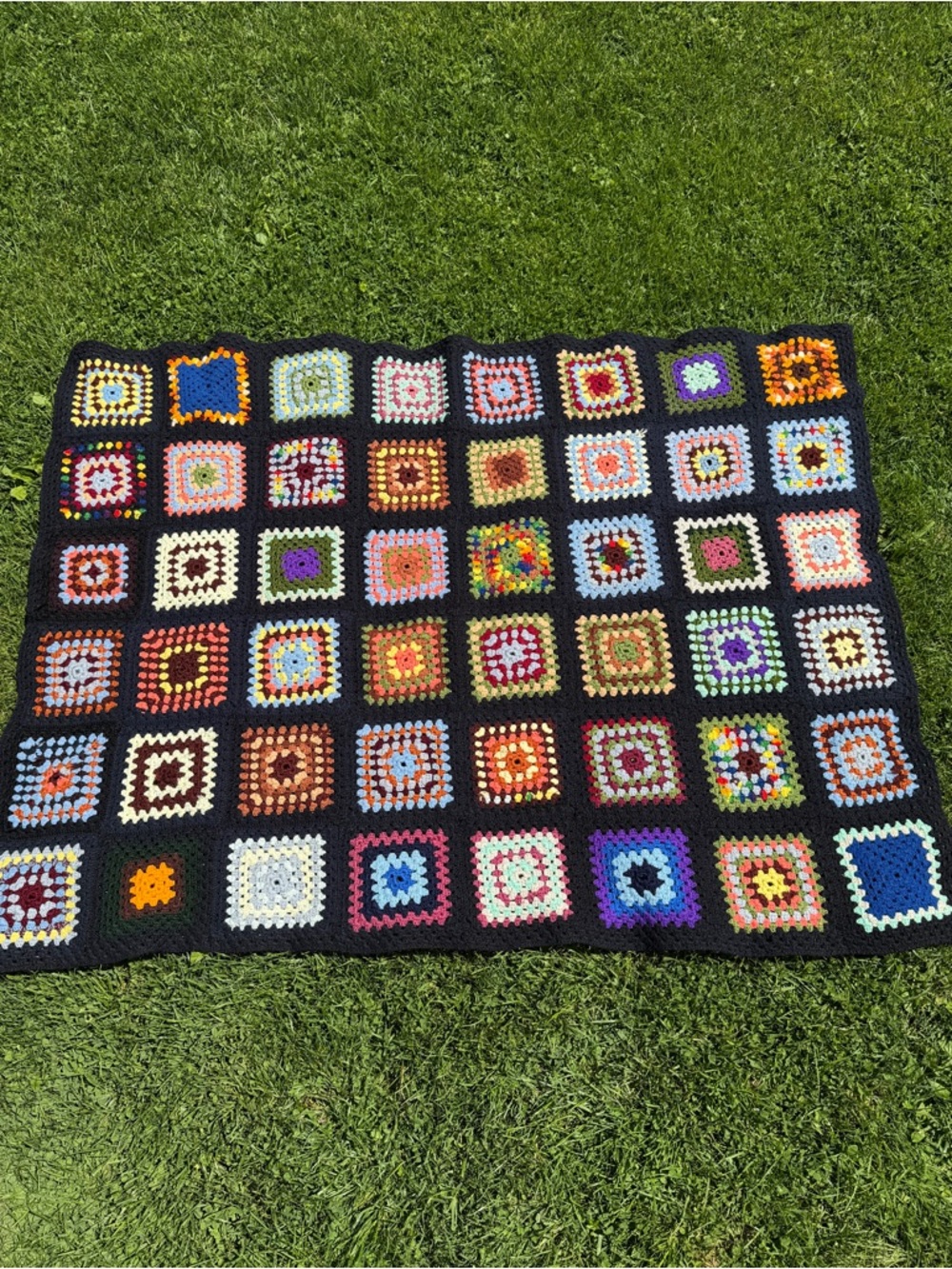 Colorful Handcrafted Granny Square Crochet Blanket Dark Navy Border 62” x 44”